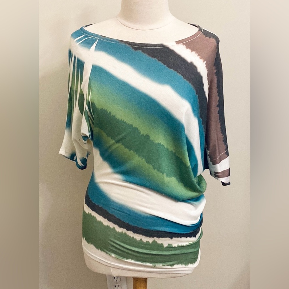 Venus Blue Green Brown Asymmetrical Dolman Sleeves Coastal Top Size Small